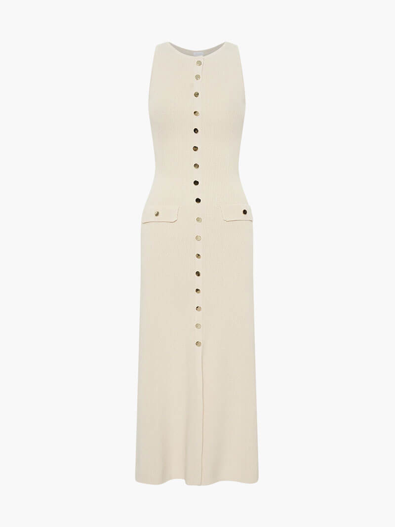 Ärmelloses Strickkleid mit Zierknöpfen und Taschen – Midi-Länge