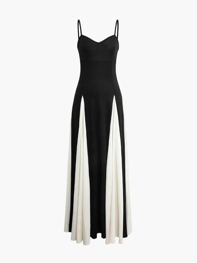 Maxikleid mit Spaghettiträgern in Schwarz-Crème – Elegant