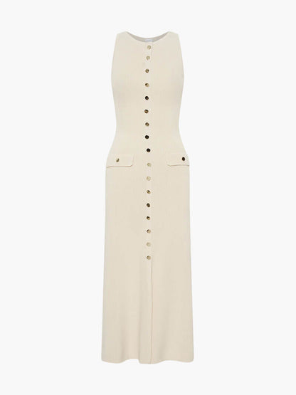Ärmelloses Strickkleid mit Zierknöpfen und Taschen – Midi-Länge