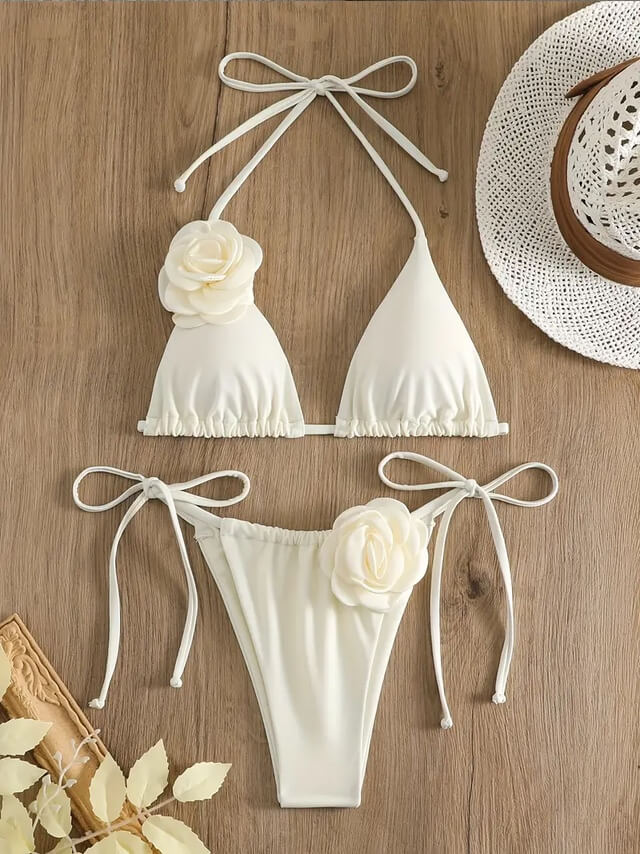 Damen Bikini-Set mit 3D-Blume – Triangel-Top und Bindehöschen in Creme