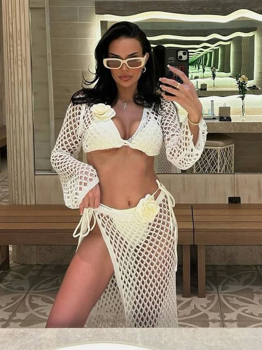 Damen Bikini-Set mit 3D-Blume – Triangel-Top und Bindehöschen in Creme